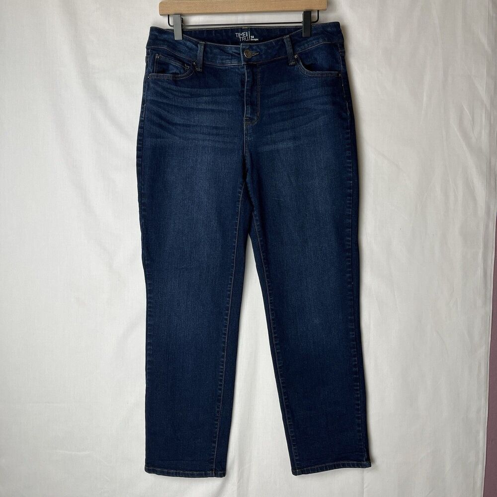 Women's Time And Tru Dark Wash Jeans Size 14 Stretch Straight Leg Pockets Winter